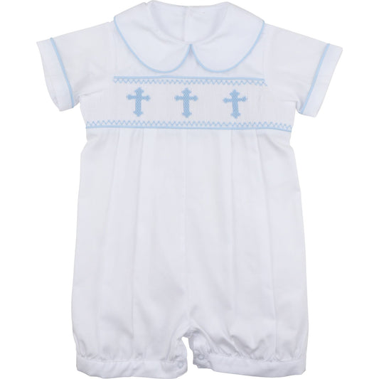 Blue And White Smocked Cross Short Romper