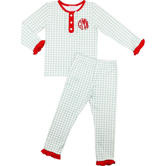 Green And Red Check Knit Ruffle Pajamas