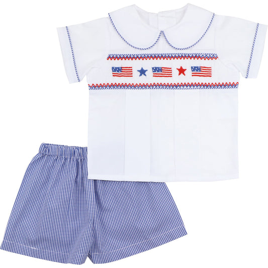 Navy Gingham Smocked Flag And Star Short Set