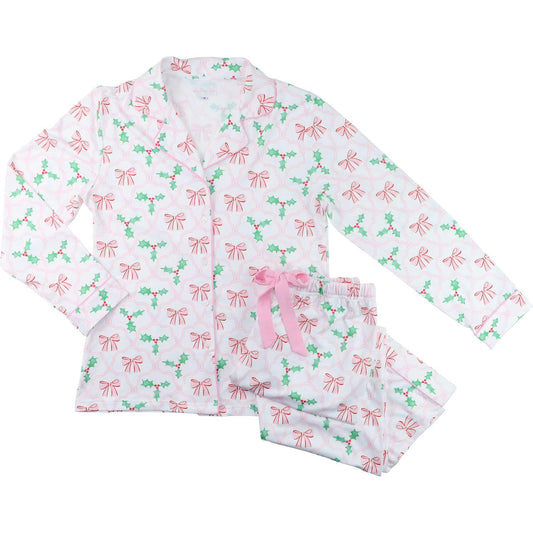 Ladies Pink And Green Bow And Holly Knit Pajamas - Shipping Early November  Smocked Threads