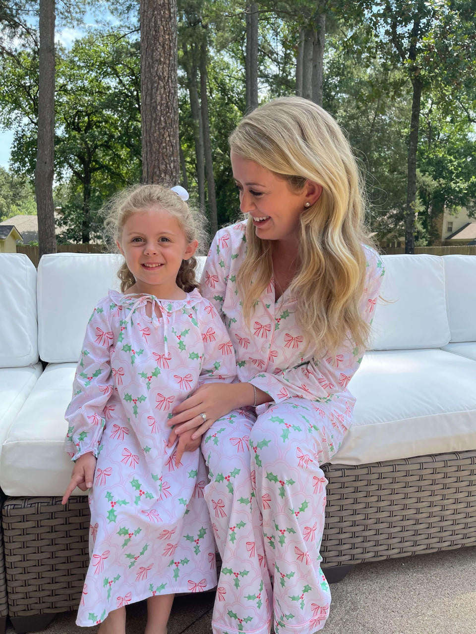 Ladies Pink And Green Bow And Holly Knit Pajamas - Shipping Early November  Smocked Threads