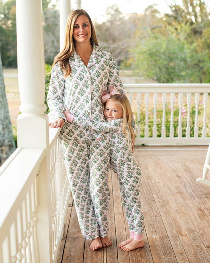 Ladies Pink And Green Floral Knit Pajamas  Smocked Threads