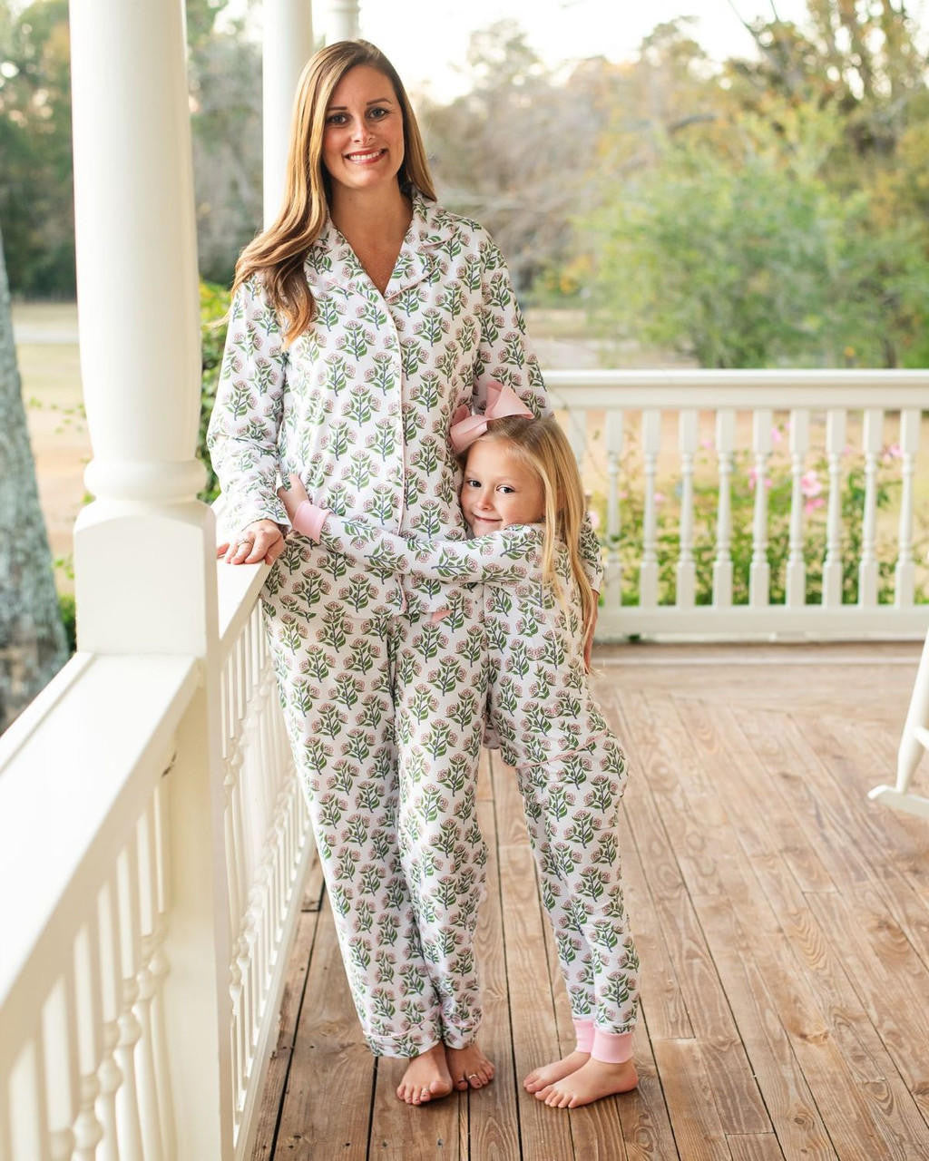 Ladies Pink And Greene Floral Knit Pajamas   Smocked Threads