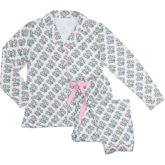 Ladies Pink And Greene Floral Knit Pajamas   Smocked Threads