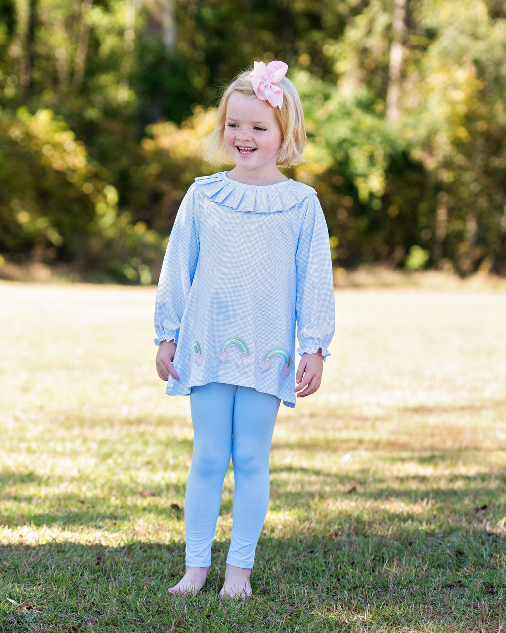 Blue Gingham Knit Applique Rainbows And Hearts Legging Set