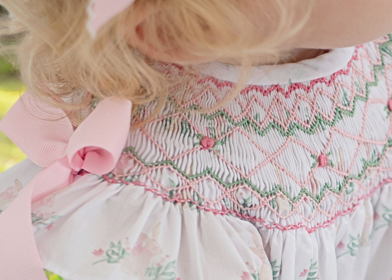 Pink And Green Smocked Bunny Bow Bubble