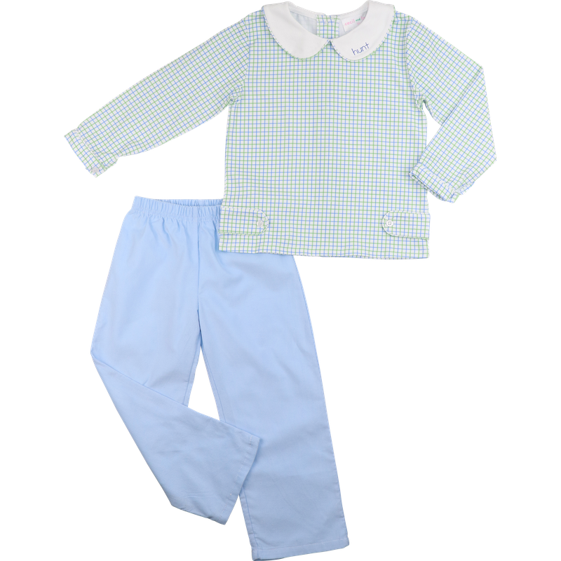 Blue And Green Windowpane Knit And Corduroy Pant Set