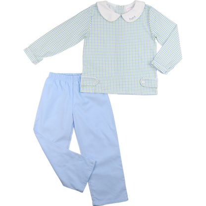 Blue And Green Windowpane Knit And Corduroy Pant Set