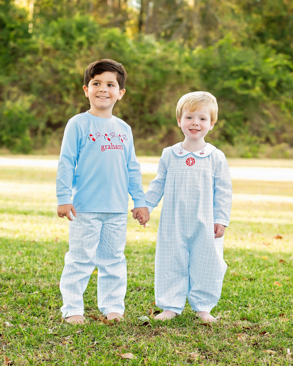 Blue Windowpane Applique Valentine Airplane Pant Set