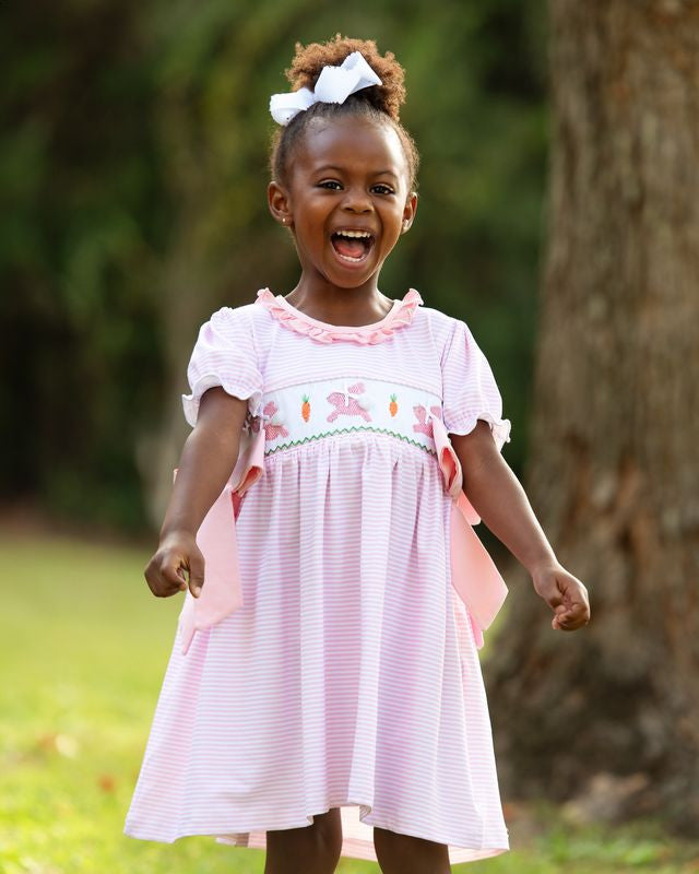 Pink Knit Stripe Smocked Bunny And Carrot Bow Dress