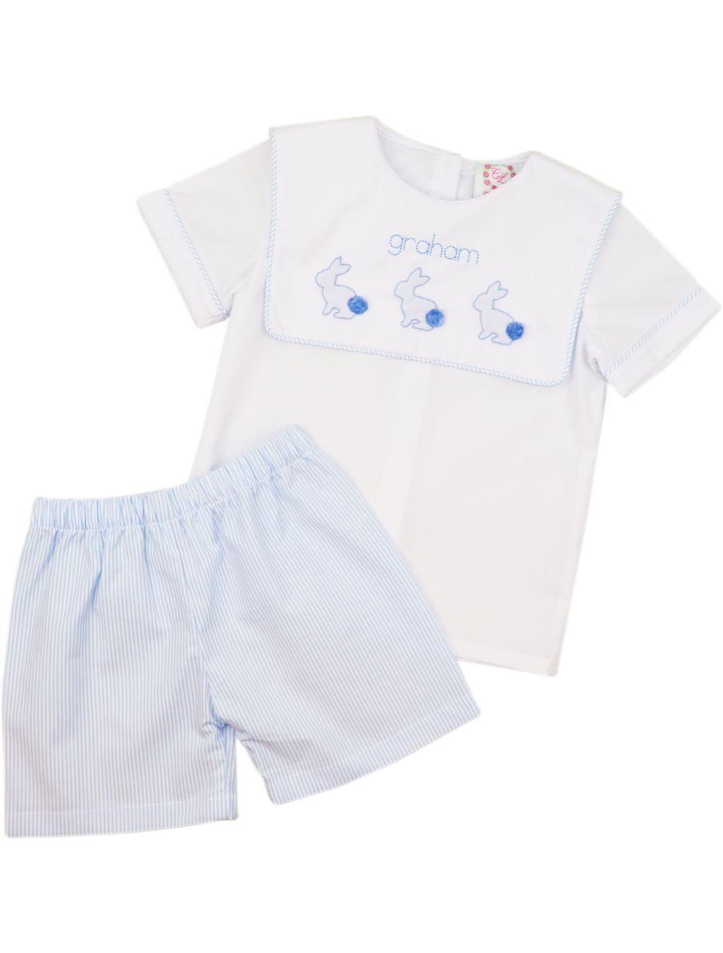 Blue Stripe Embroidered Bunnies Short Set