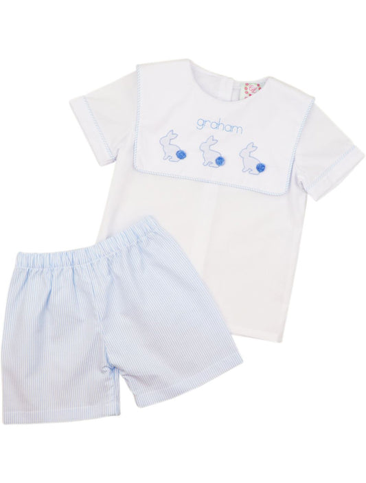 Blue Stripe Embroidered Bunnies Short Set