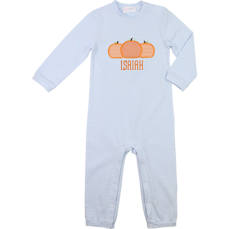 Blue Stripe Knit Applique Pumpkins Long Romper