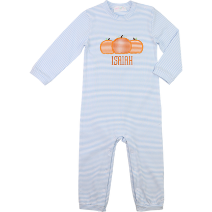 Blue Stripe Knit Applique Pumpkins Long Romper