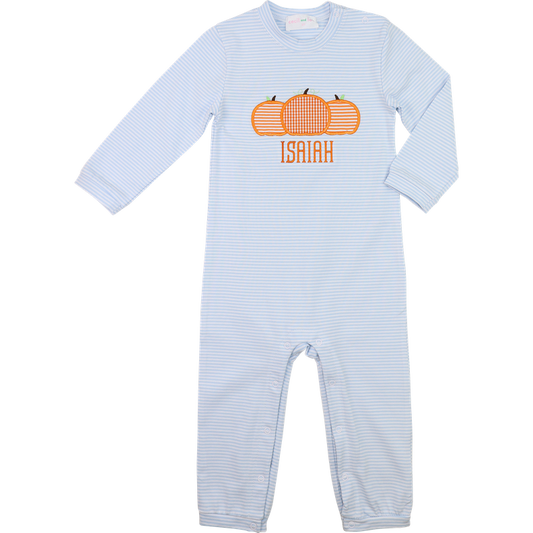 Blue Stripe Knit Applique Pumpkins Long Romper