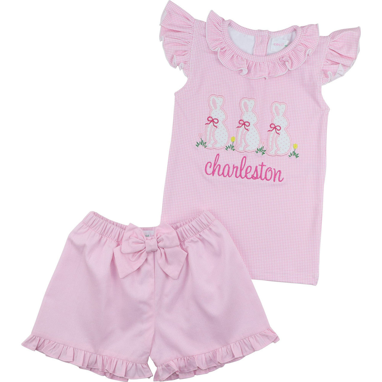 Pink Gingham Applique Bunny Short Set