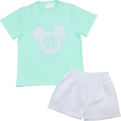 Mint Applique Mouse Ears Short Set Smocked Threads