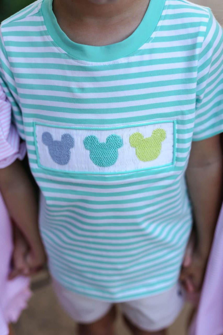 Mint Knit Stripe Smocked Mouse Ears Shirt  Smocked Threads