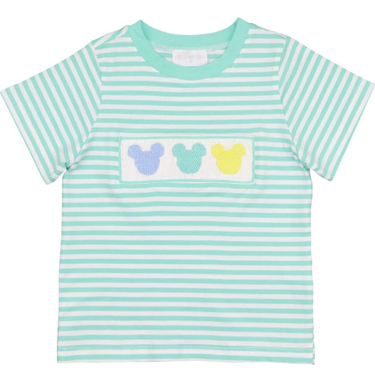 Mint Knit Stripe Smocked Mouse Ears Shirt  Smocked Threads