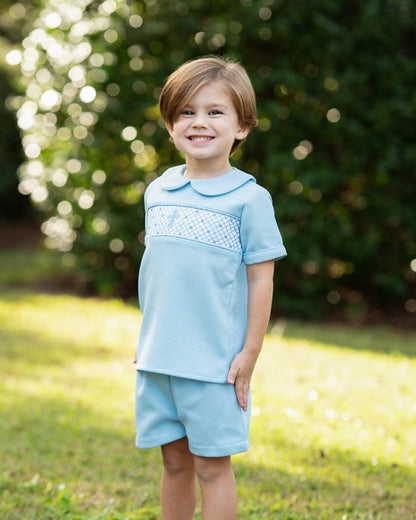 Blue Honeycomb Smocked Cross Short Set