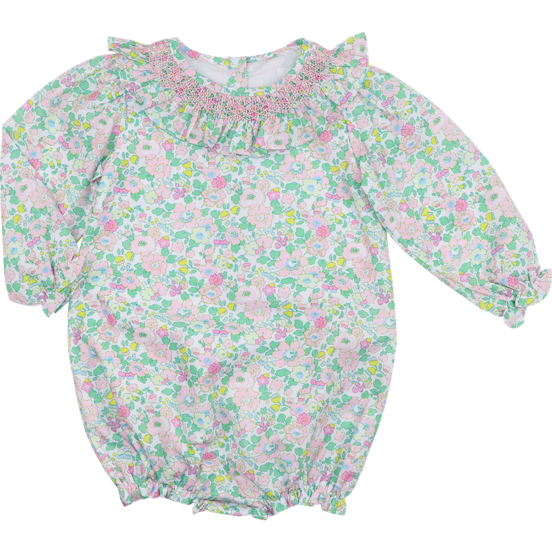 Green And Pink Floral Smocked Bubble