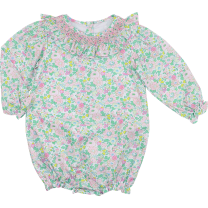 Green And Pink Floral Smocked Bubble