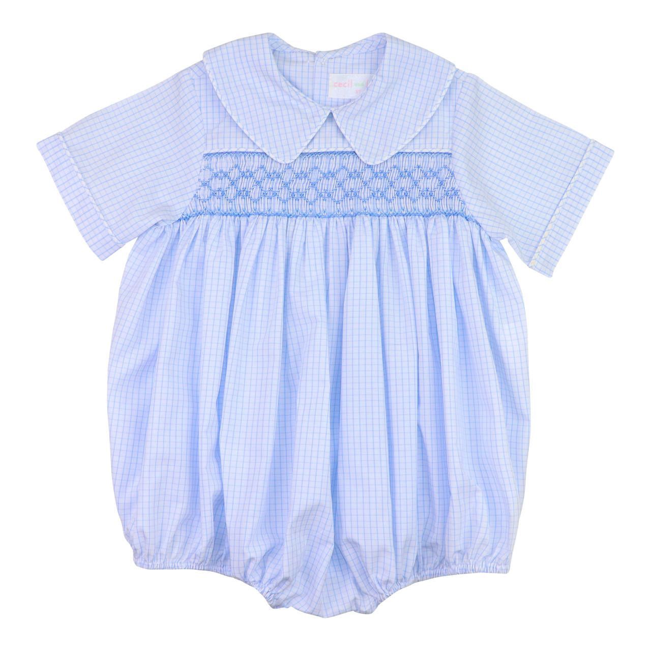 Blue Windowpane Geometric Smocked Bubble