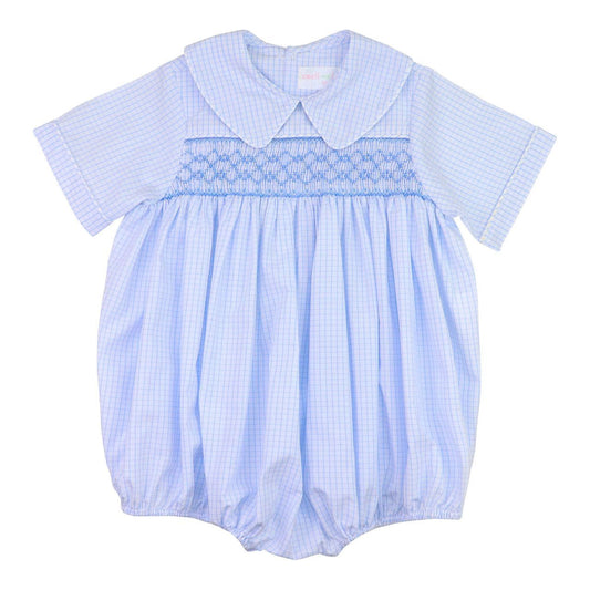 Blue Windowpane Geometric Smocked Bubble