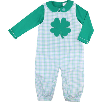 Green Gingham Applique Shamrock Long Romper Set