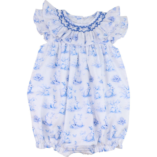 Blue And White Smocked Bunny Print Bubble