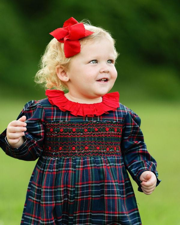 Navy And Red Plaid Smocked Long Bubble