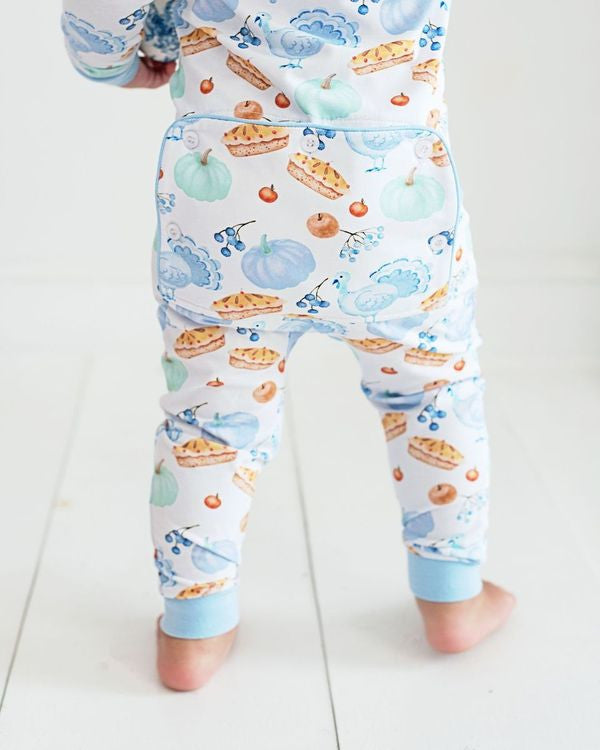 Blue Thanksgiving Print Knit Zipper Pajamas