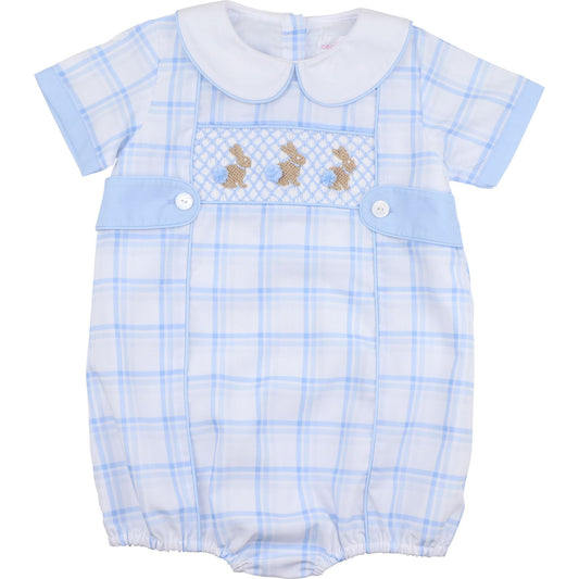 Blue Plaid Smocked Bunny Bubble