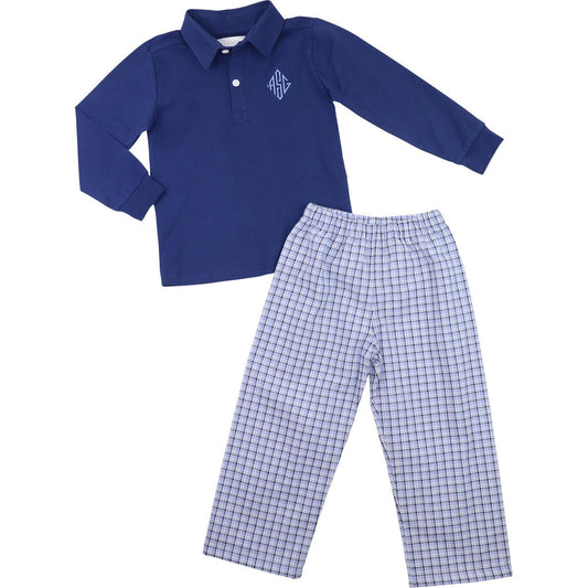 Navy And Blue Plaid Polo Pant Set - Shipping Late September  Monogram - Cecil and Lou