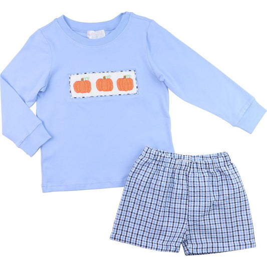 Navy And Blue Windowpane Smocked Pumpkin Short Set - Shipping Late September  Smocked Threads