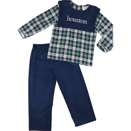 Navy And Green Plaid Flannel Pant Set - Shipping Late September  Monogram - Cecil and Lou