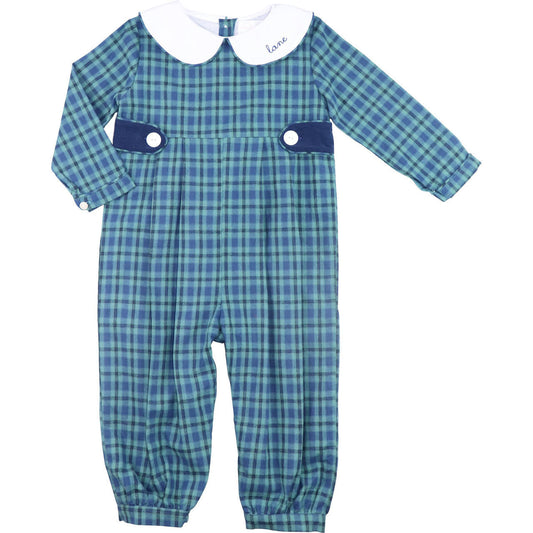 Navy And Green Plaid Tab Long Romper  - Shipping Early November  Monogram