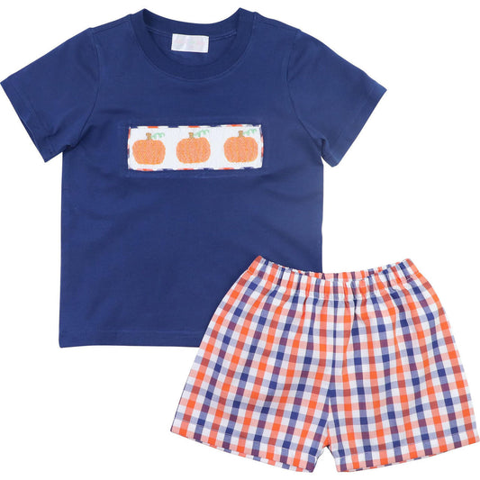 Navy And Orange Plaid Smocked Pumpkin Short Set - Shipping Late September  Smocked Threads