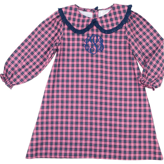 Navy And Pink Flannel Check A-line Dress  Monogram