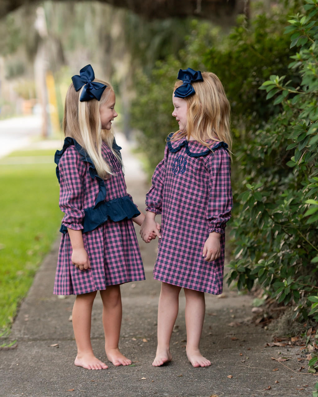 Navy And Pink Flannel Check Ruffled Dress   Monogram