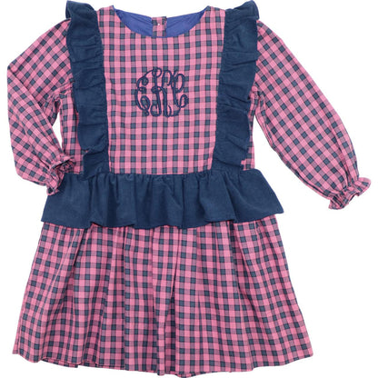 Navy And Pink Flannel Check Ruffled Dress   Monogram