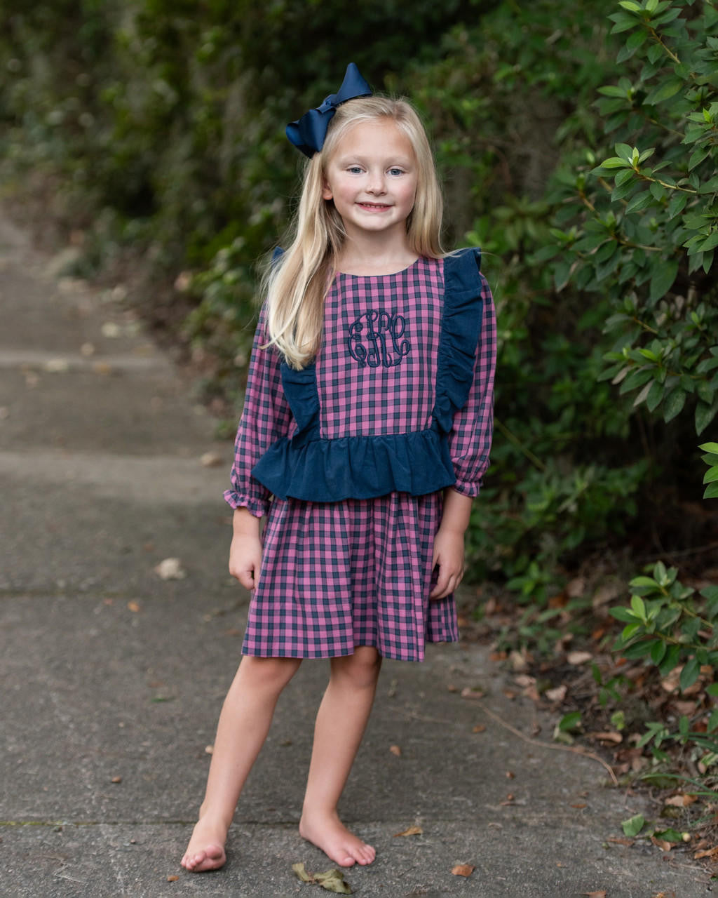 Navy And Pink Flannel Check Ruffled Dress   Monogram