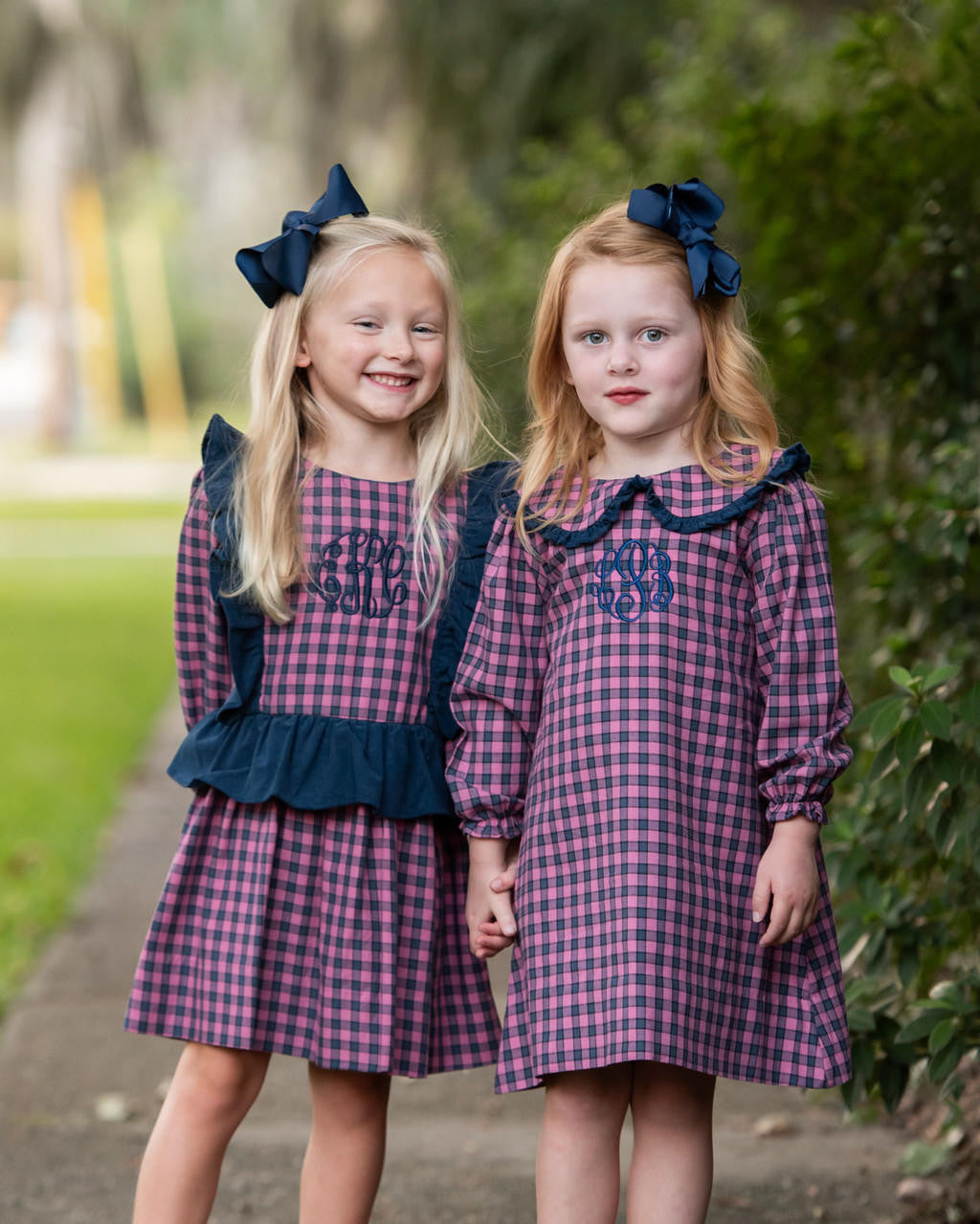 Navy And Pink Flannel Check Ruffled Dress   Monogram