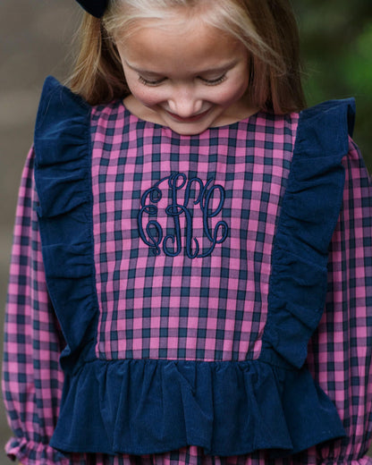 Navy And Pink Flannel Check Ruffled Dress   Monogram