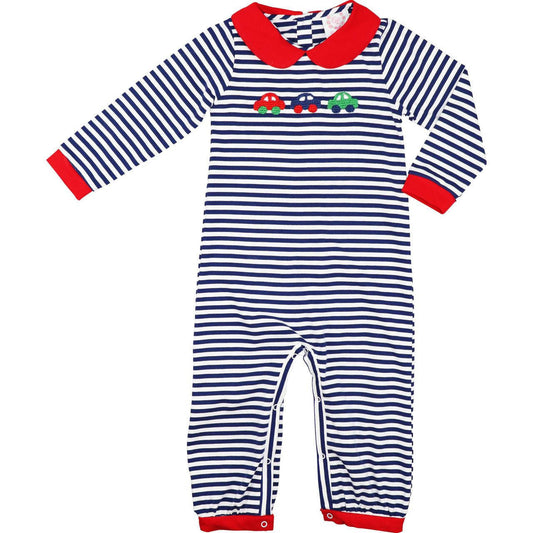 Navy And Red Stripe Knit Crochet Cars Long Romper - Shipping Early October  Smocked Threads