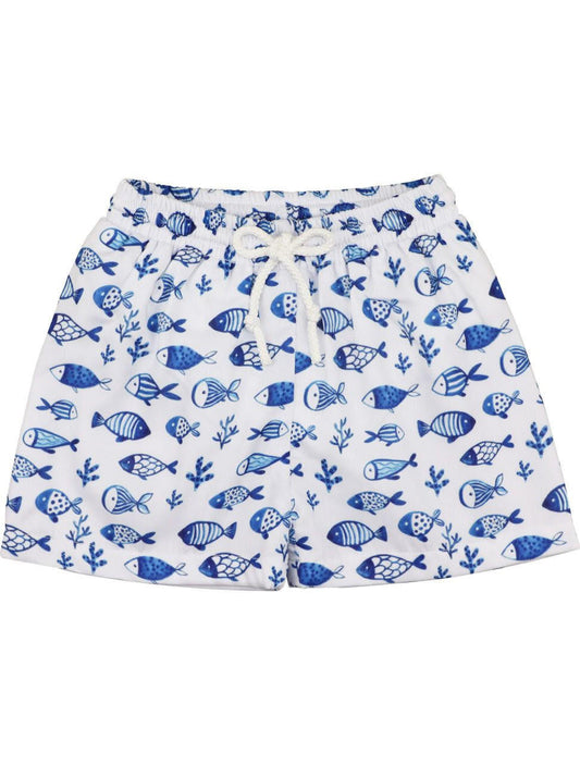 Navy And White Fish Print Swim Trunks  Smocked Threads