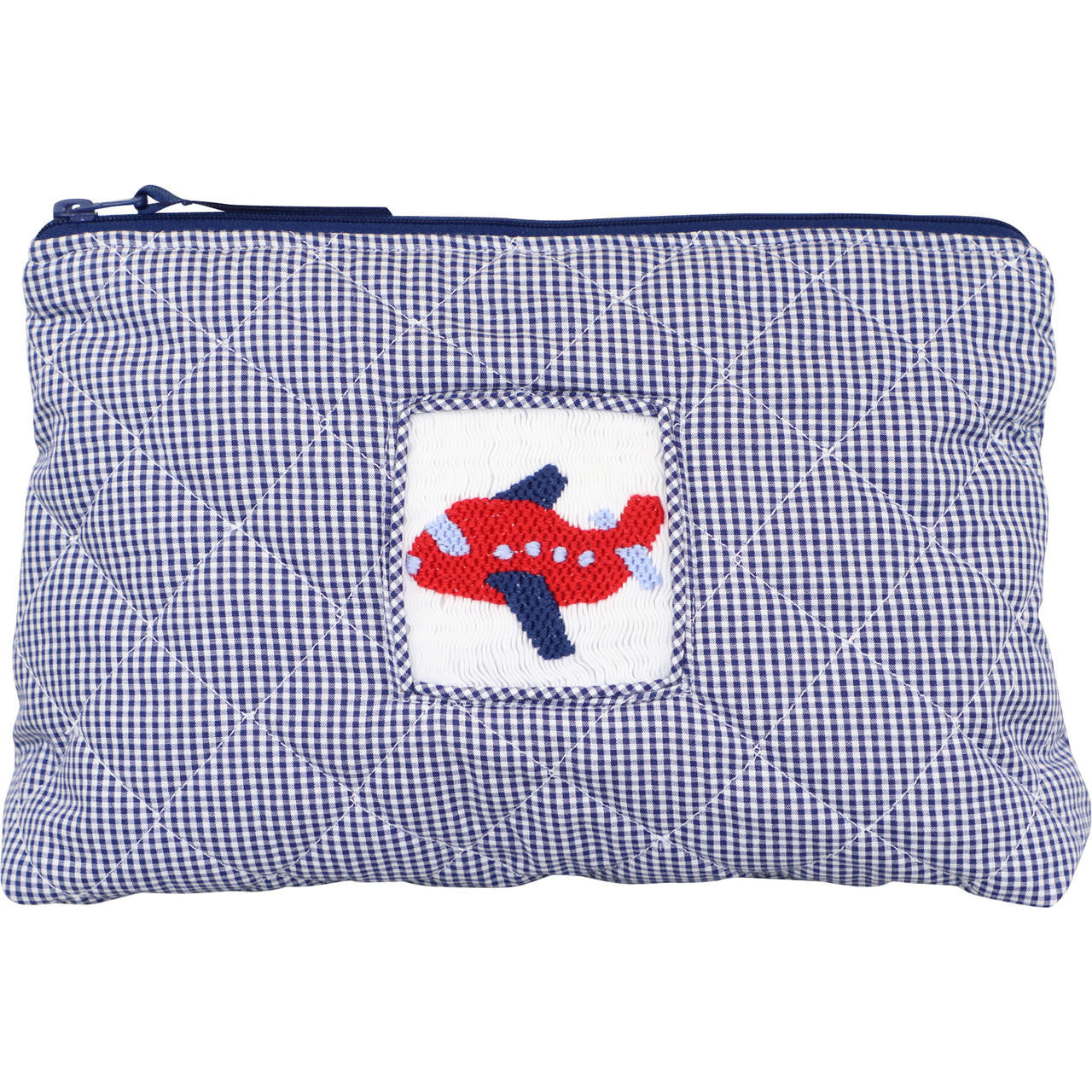 Navy Check Quilted Smocked Airplane Zipper Pouch Smocked Threads