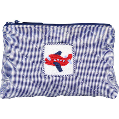 Navy Check Quilted Smocked Airplane Zipper Pouch