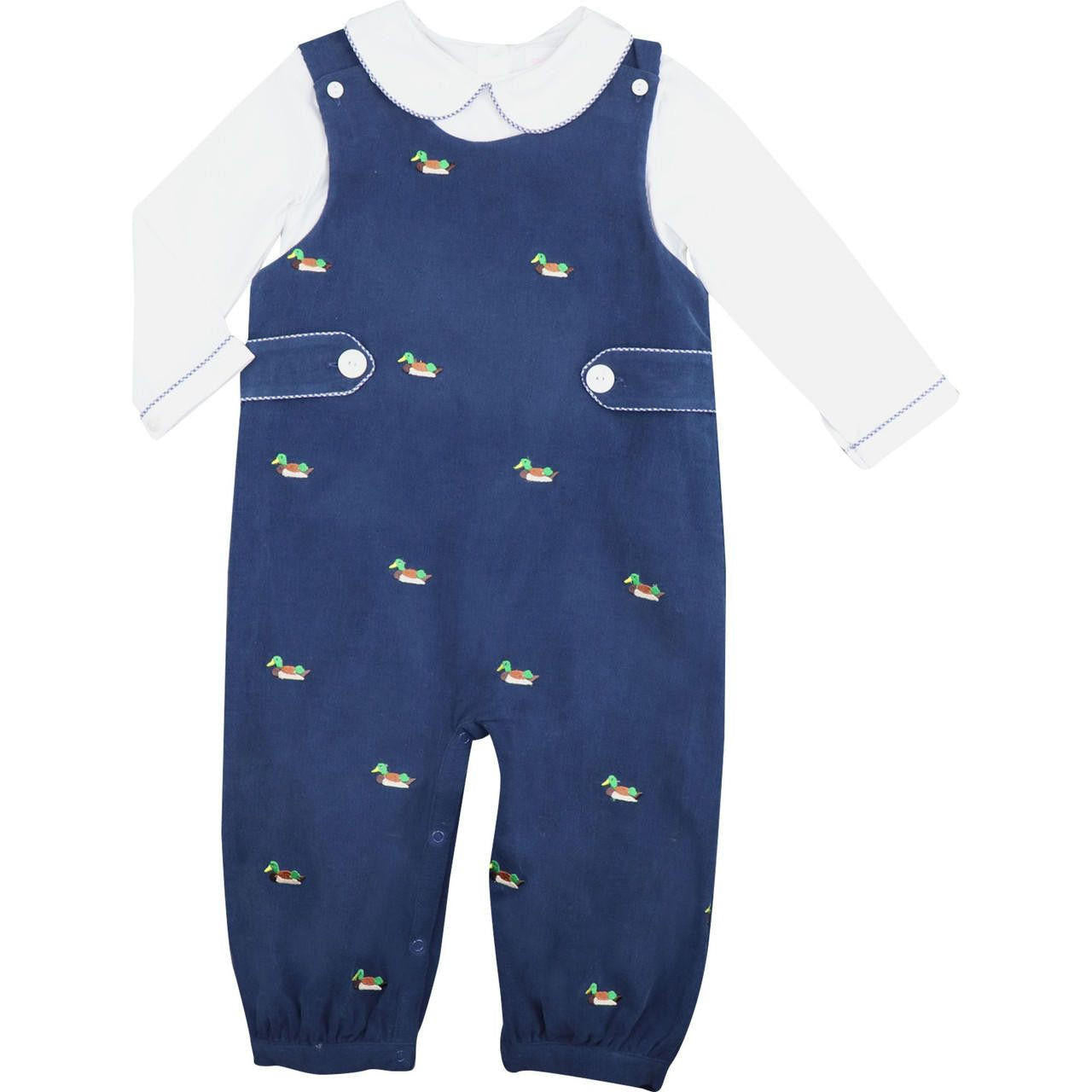 Navy Corduroy Embroidered Mallard Long Romper (Shirt Included)  - Shipping Early October  Smocked Threads