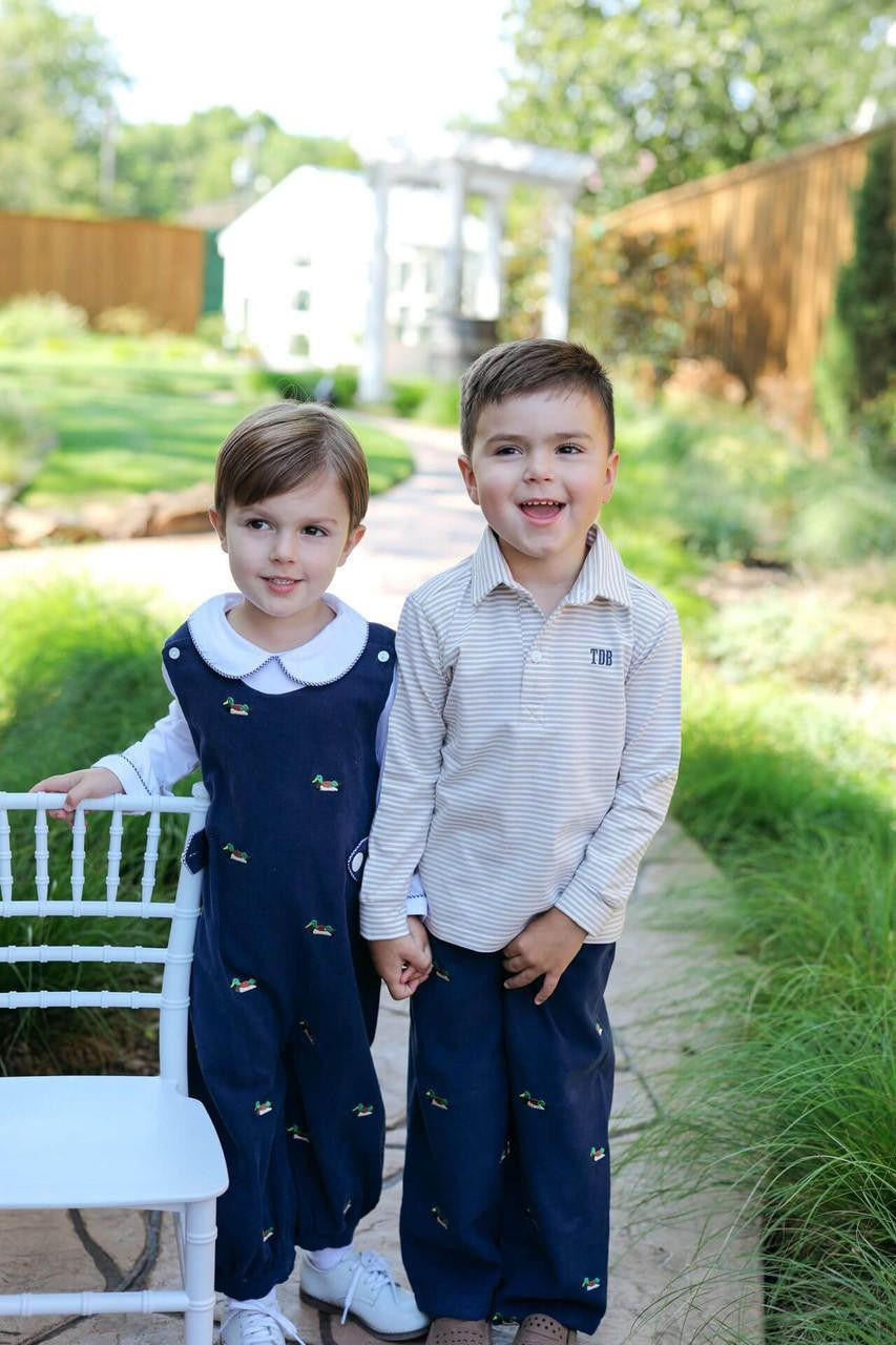 Navy Corduroy Embroidered Mallard Long Romper (Shirt Included)  - Shipping Early October  Smocked Threads